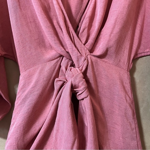 Anthropologie NWT Puff Sleeve Wrap Mini Dress Linen Blend Tie Front Pink Size 8 - Picture 9 of 16